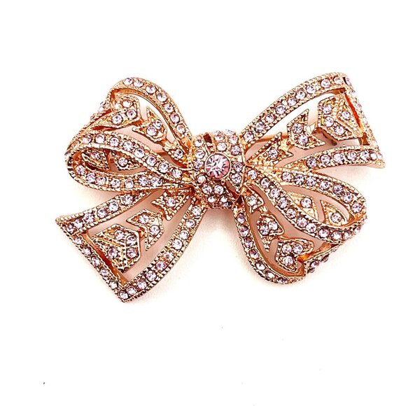 Kenneth Jay Lane KJL Rose Gold Tone Pink Pave Rhinestone Bow Brooch 2" - Picture 3 of 9